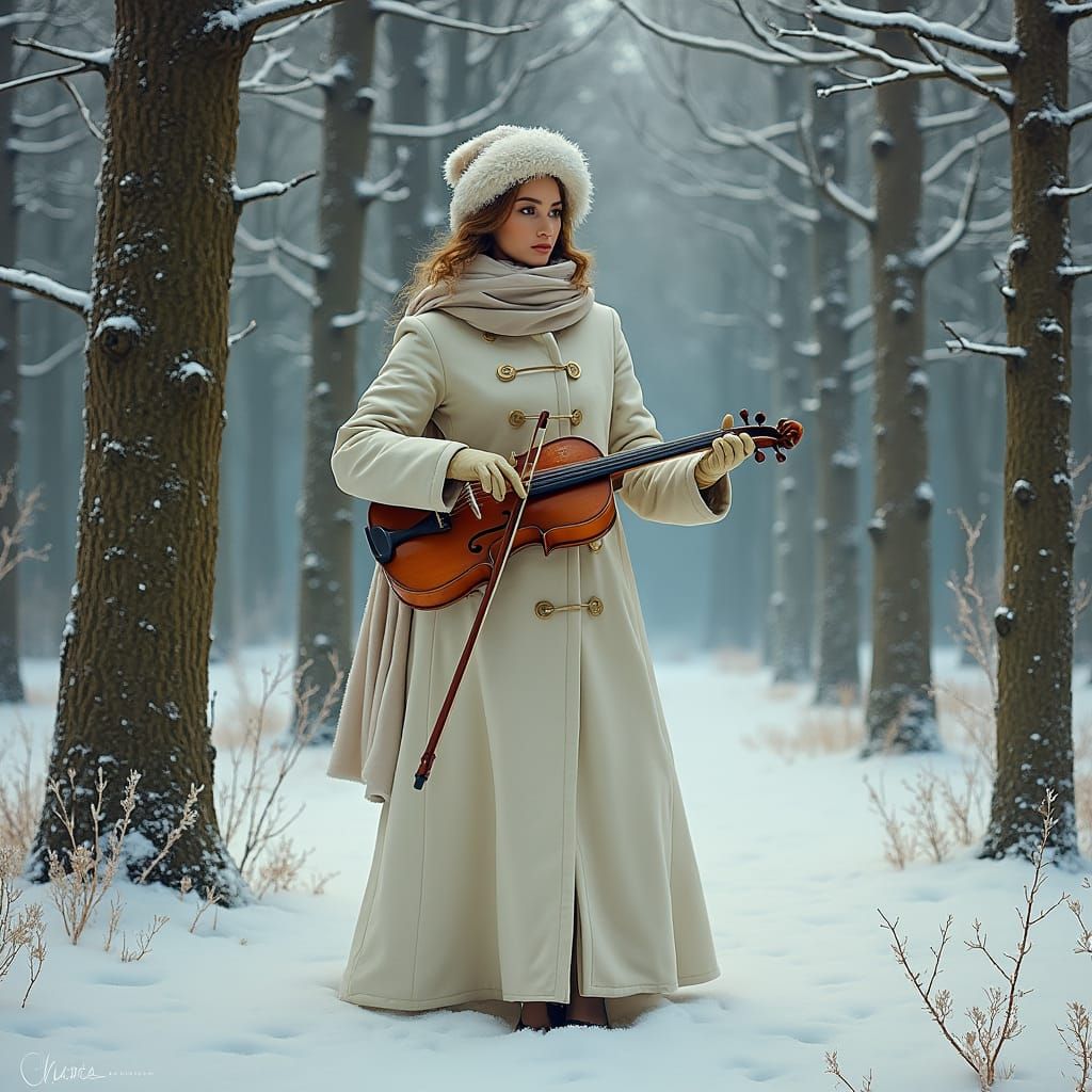 Woman with Violin in Winter Forest Oil Painting