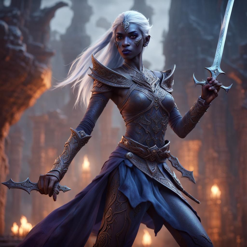 Detailed Drow Sword Dancer in Matte Painting Style