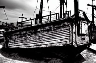 Ominous Steampunk Boat Graveyard in Manga Style