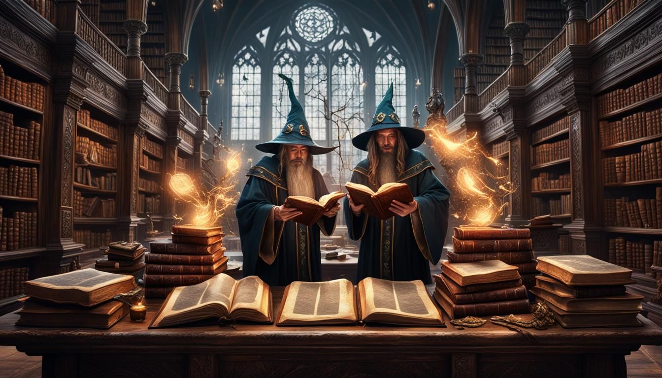 Magical Library Scene with Student Wizards