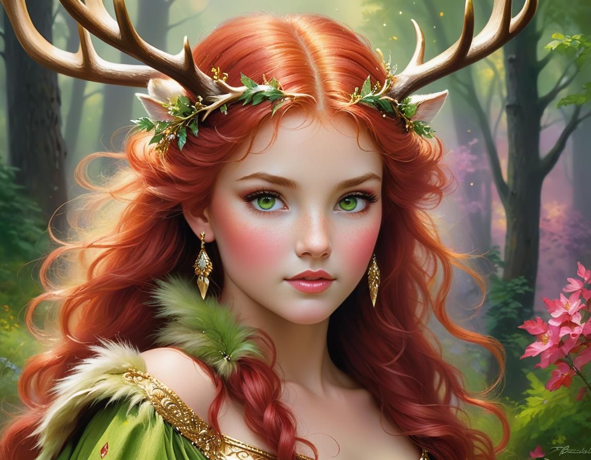 Ethereal Fantasy Doe with Golden Skin and Deer Antlers