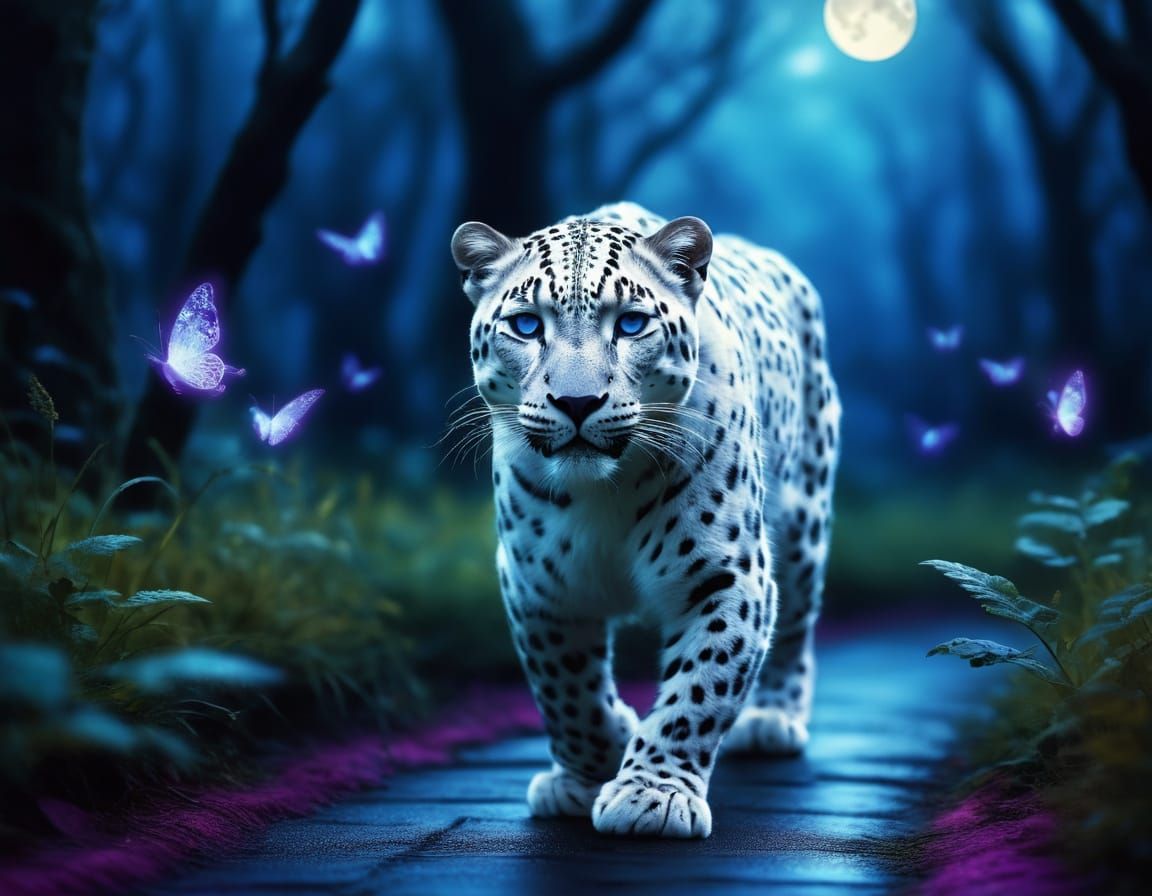 Glowing White Leopard Runs Under Moonlit Night Sky