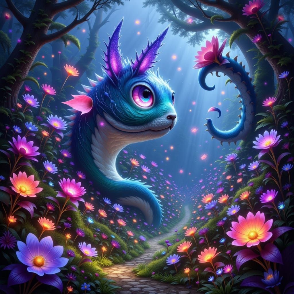 Ethereal Garden with Bioluminescent Flora and Whimsical Crea...