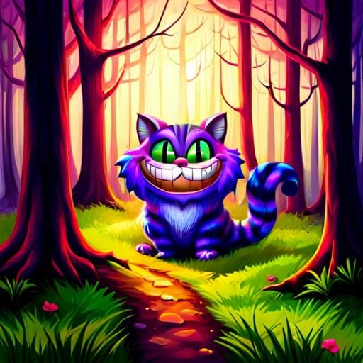 Colorful Cheshire Cat Graffiti Art in Forest