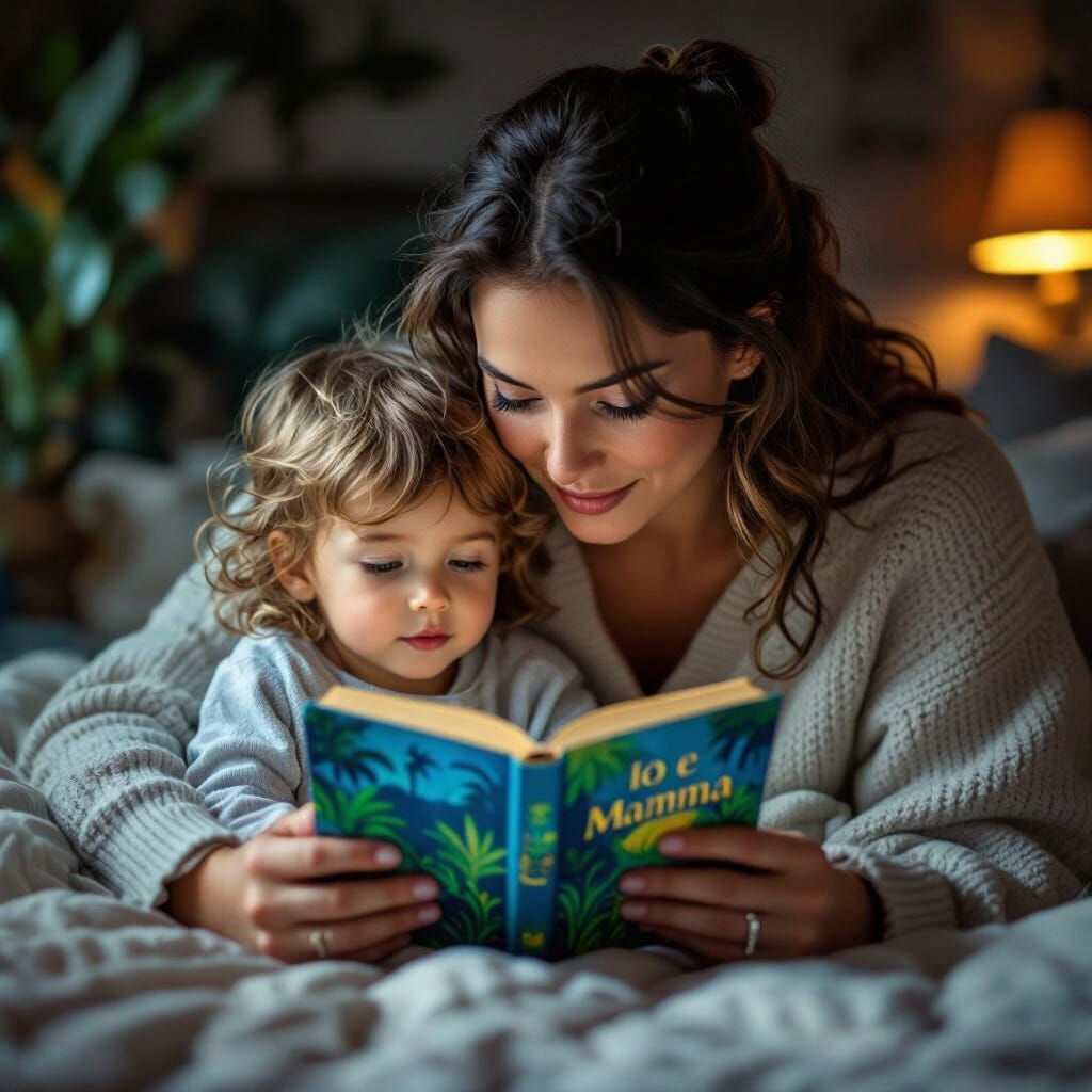 Mother and Child Reading Jungle Book in Moody Light