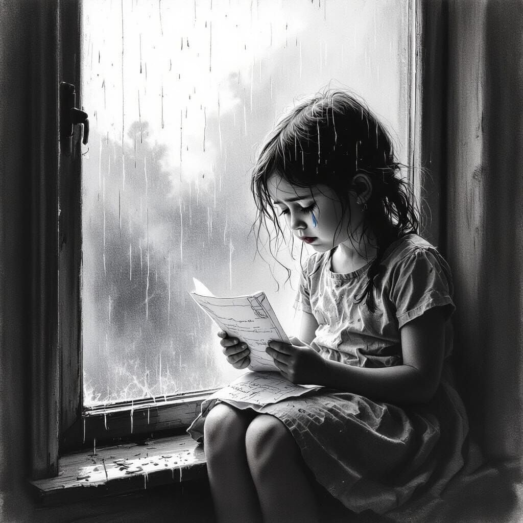 Girl with Rejection Letter, Charcoal Drawing