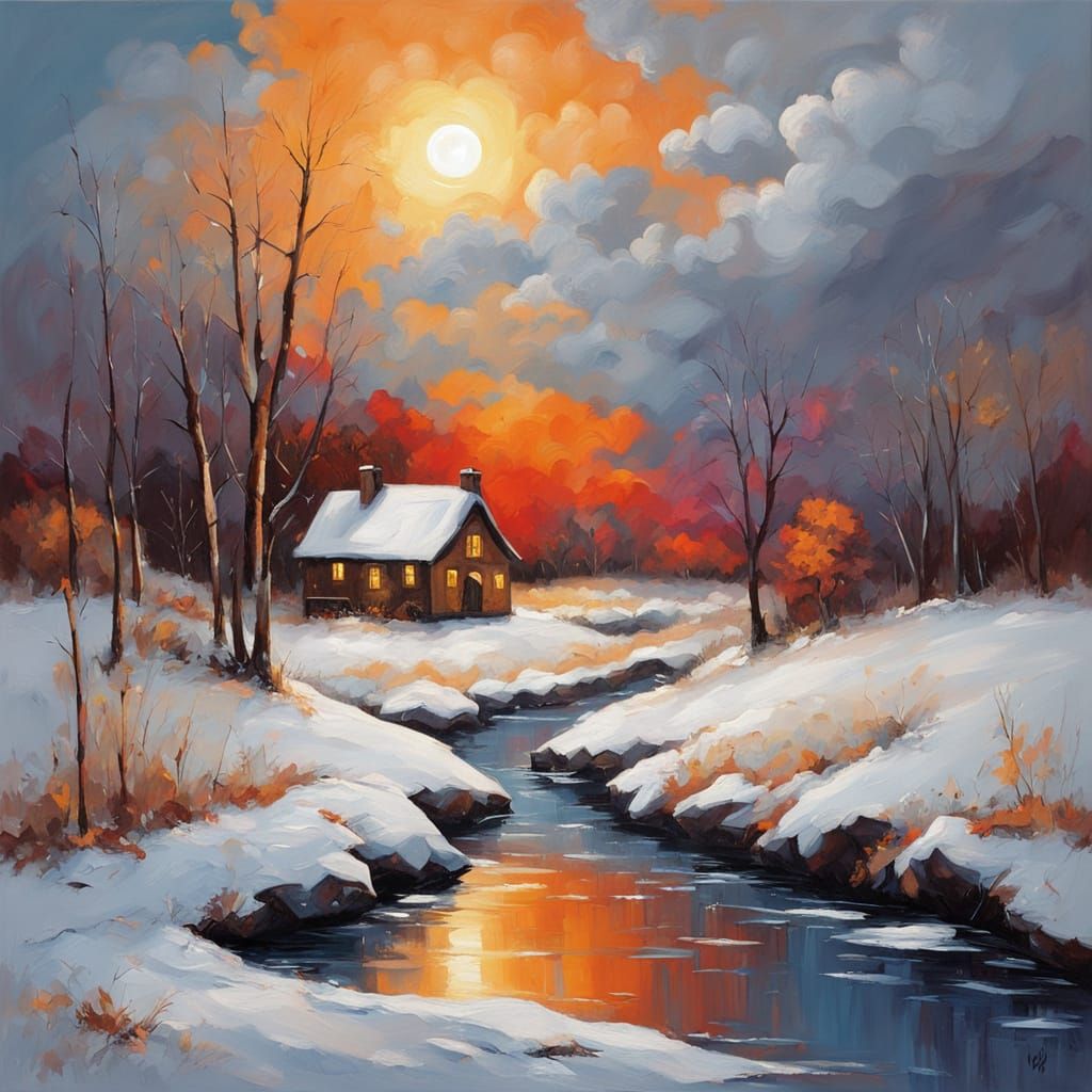 Dramatic Winter Sunset Landscape Painting with Cozy House