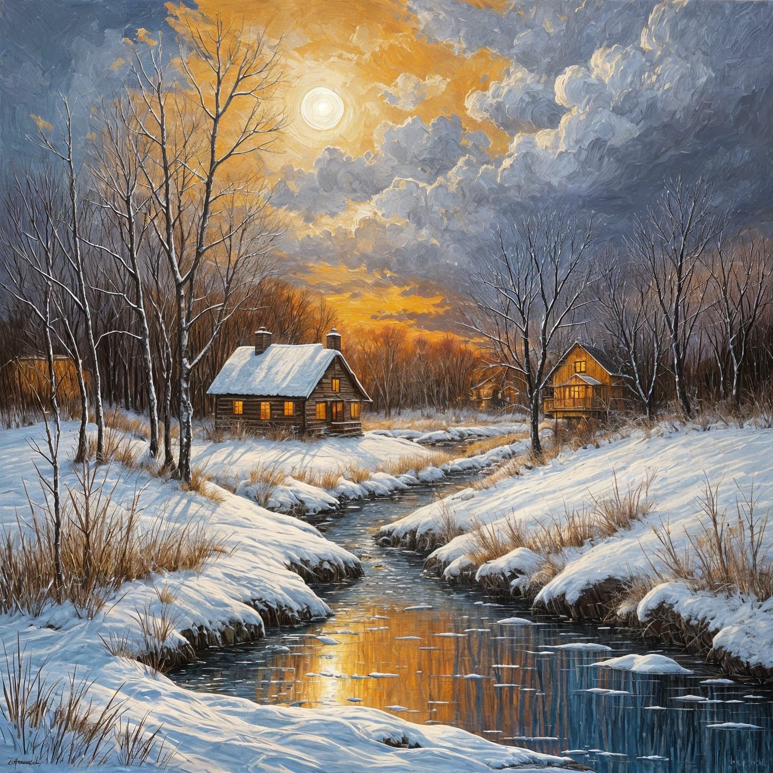 Classic Oil Painting of Snowy Winter Landscape at Dusk