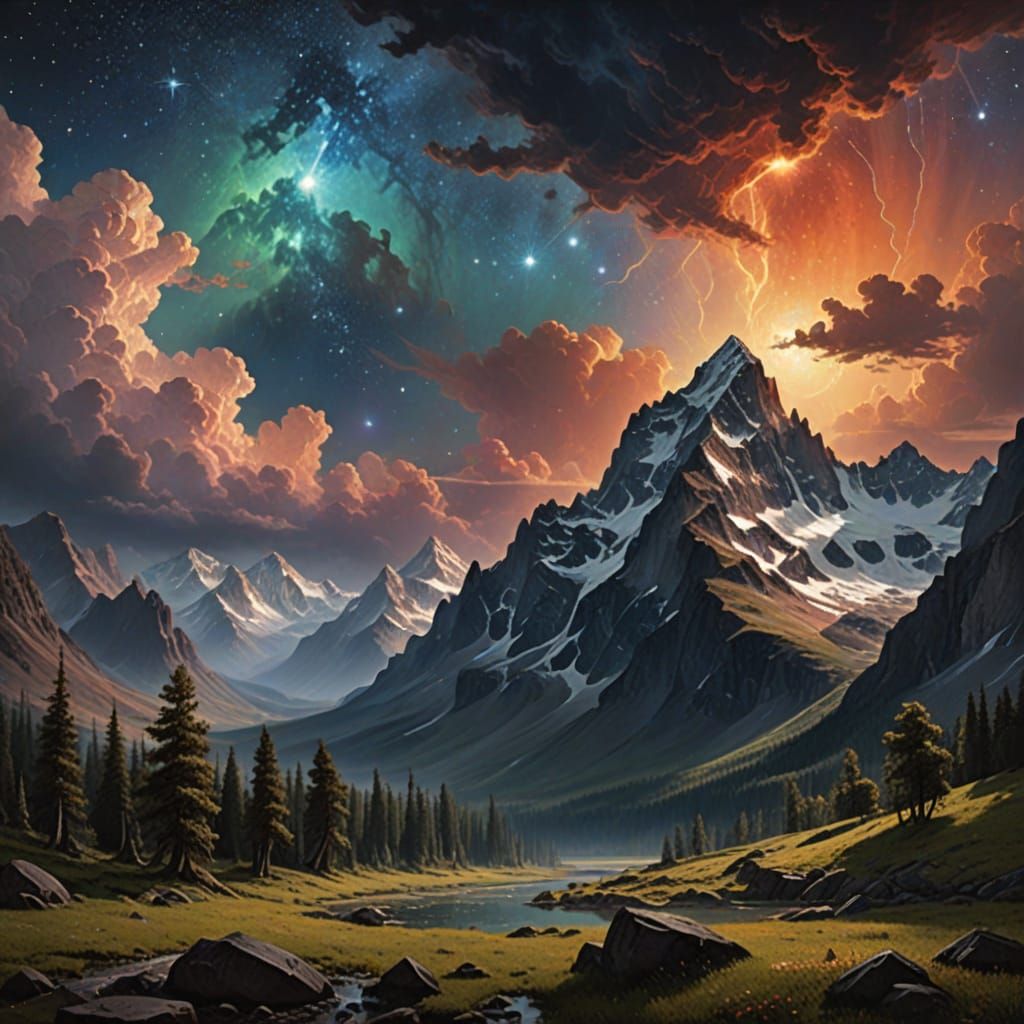 Epic Mountain Range Under Cosmic Nebula in Painterly Style
