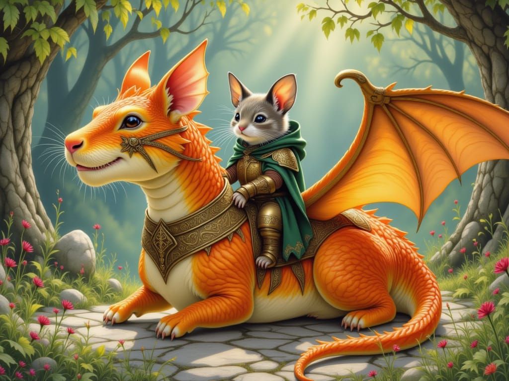 Medieval Hamster Rides Dragon in Whimsical Style