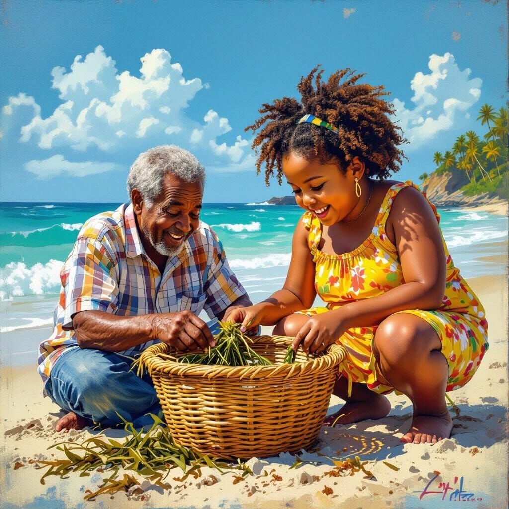 Girl Helping Elder Make Basket by Ocean