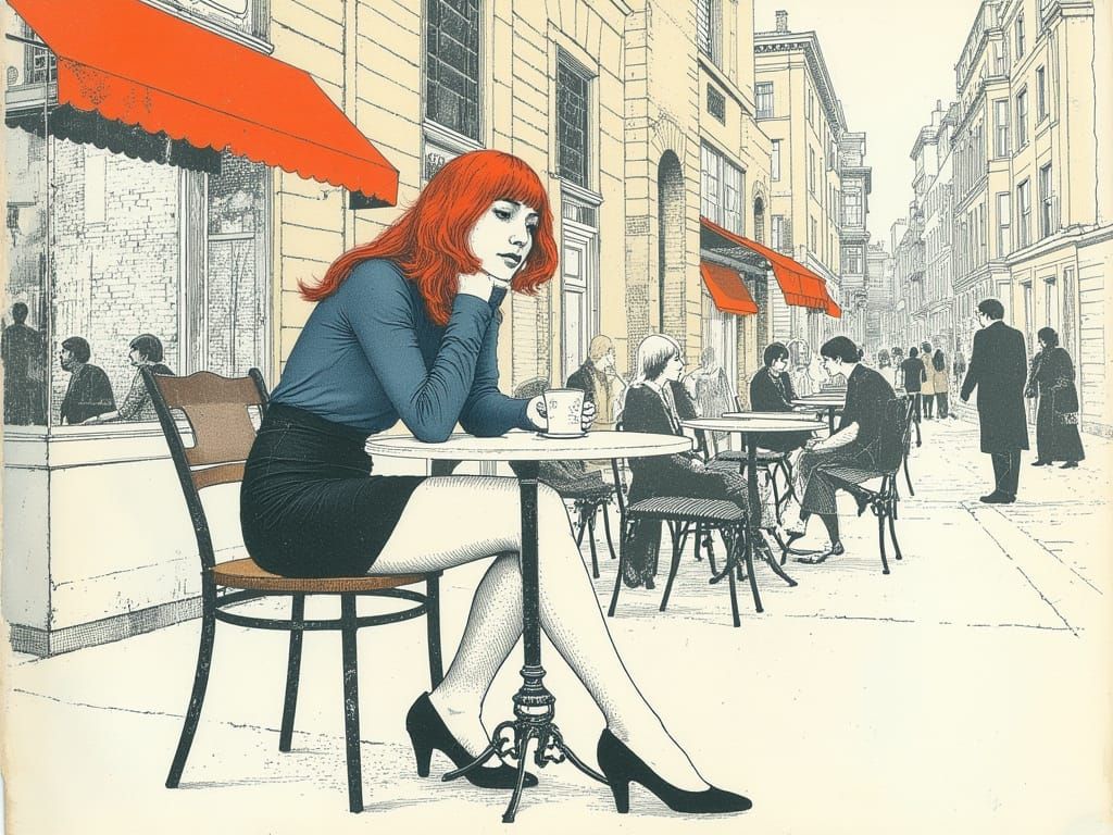 Sophisticated Woman Engages in Thoughtful Moment, Café Setti...