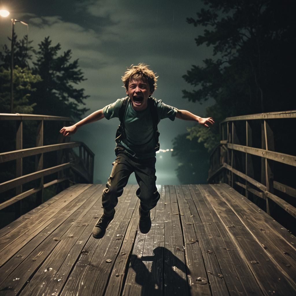 Boy Leaping from Bridge into Darkness: Cinematic Still