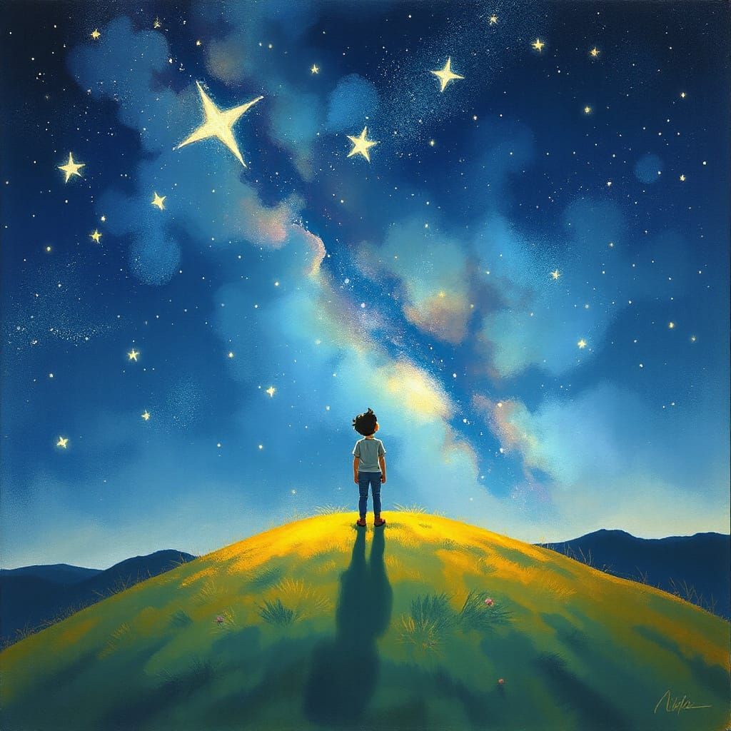 Dreamer Gazes at Whimsical Starry Sky
