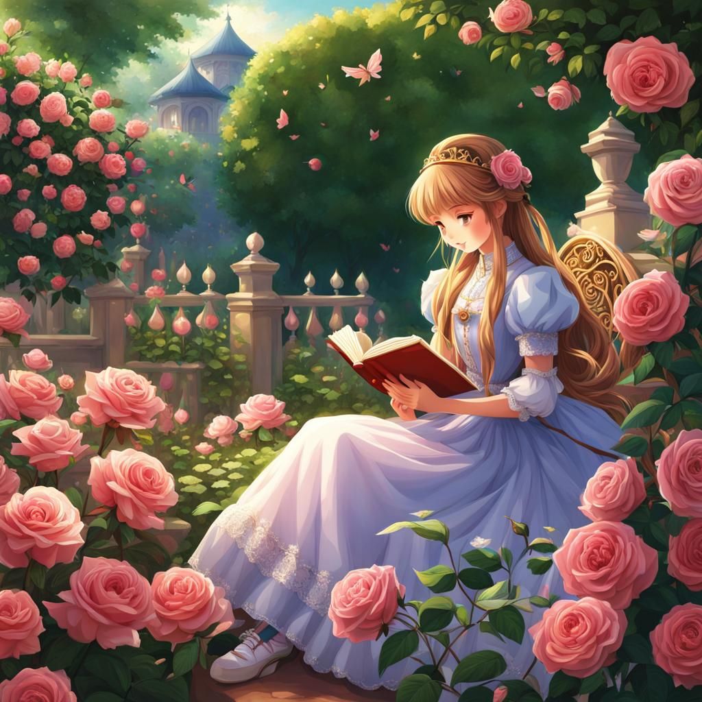 Anime Princess Reading in Rose Garden