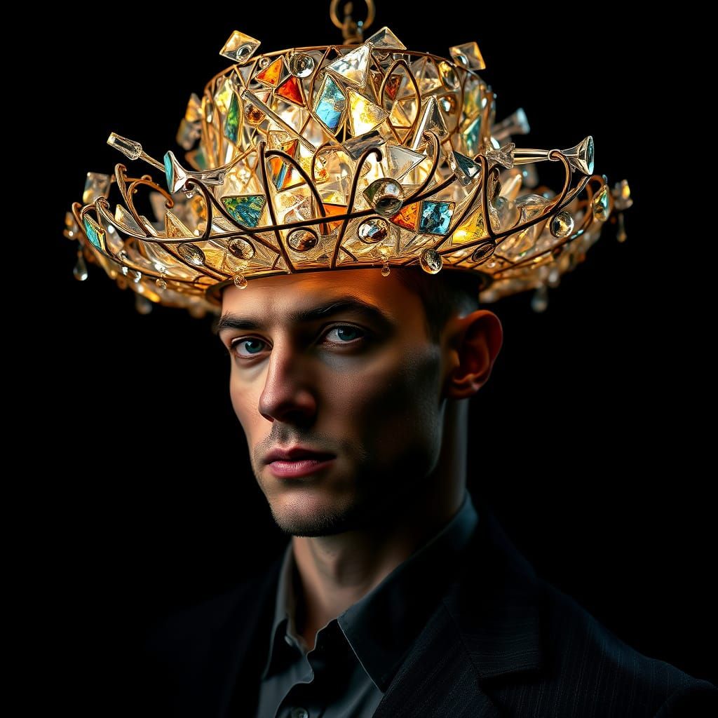 Man with Shimmering Glass Chandelier Hat