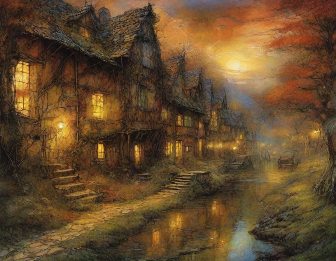 Fantastical Village by Forest as Detailed Matte Painting