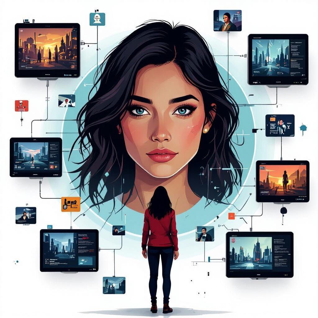 Woman Amidst News Screens in Dark Futuristic Style