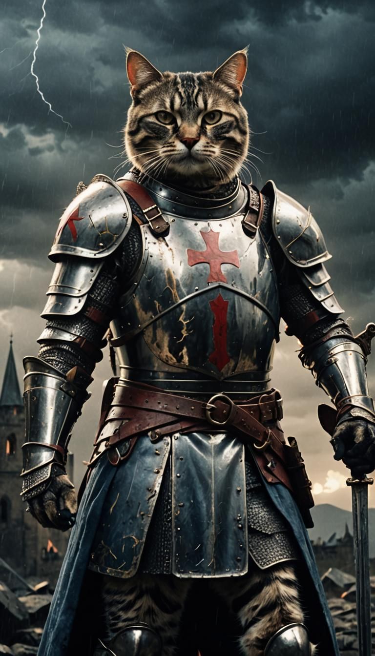 Cat Templar Knight in Stormy Cinematic Scene