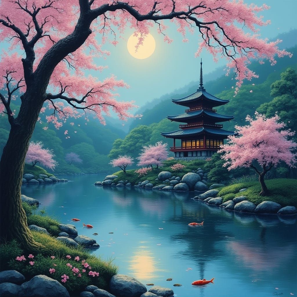 Japanese Garden in Soft Moonlight with Cherry Blossoms and K...