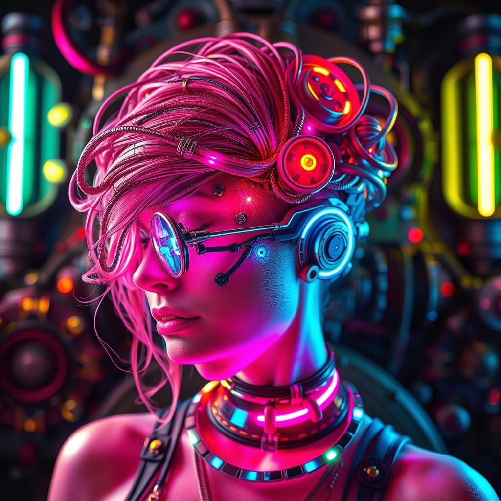 Cyberpunk Hairstyle with Neon Lights and Steampunk