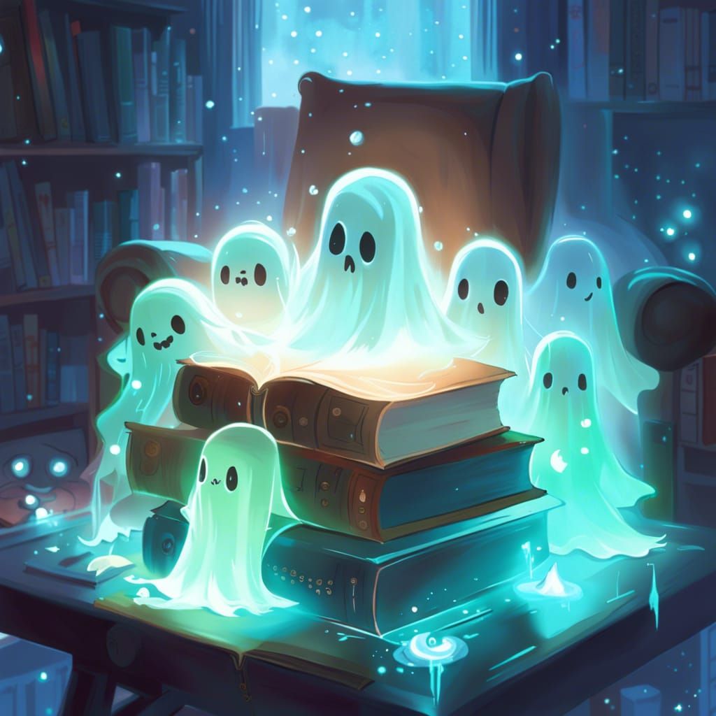 Glowing Books with Chibi Ghosts, Digital Art