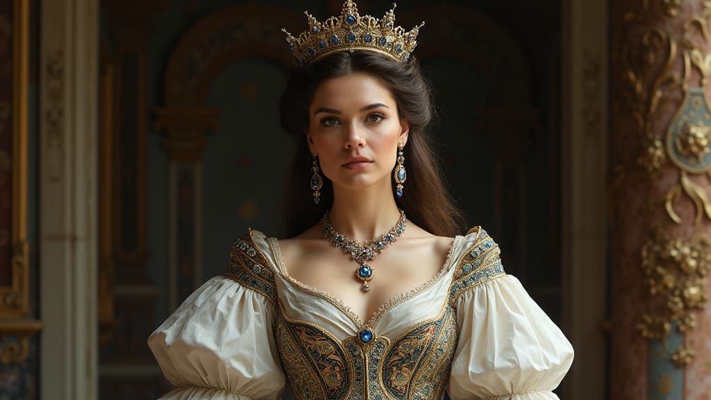 Stately Royal Woman in Ornate Sapphire Jewelry