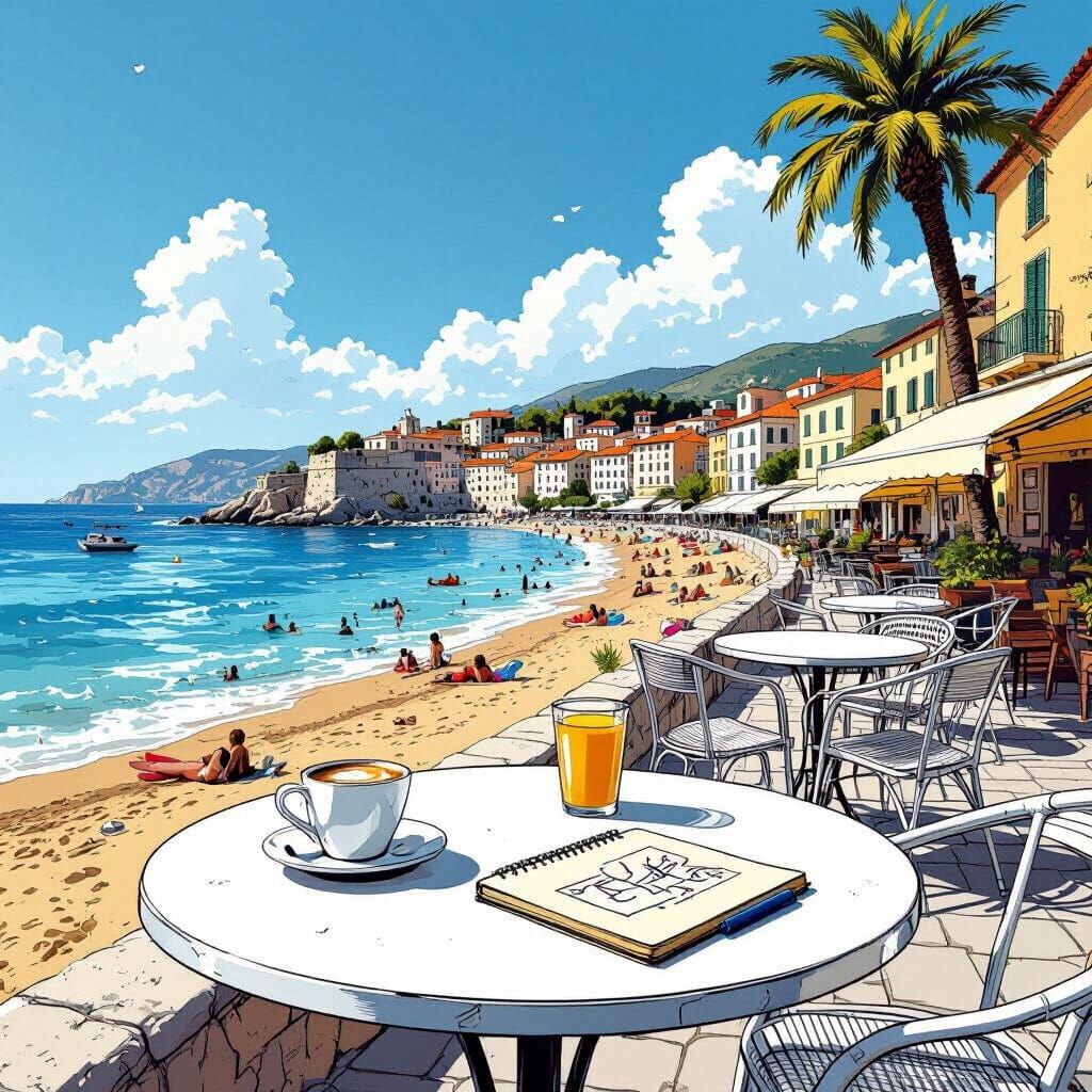 Sunny Mediterranean Town by the Sea with Palm Trees