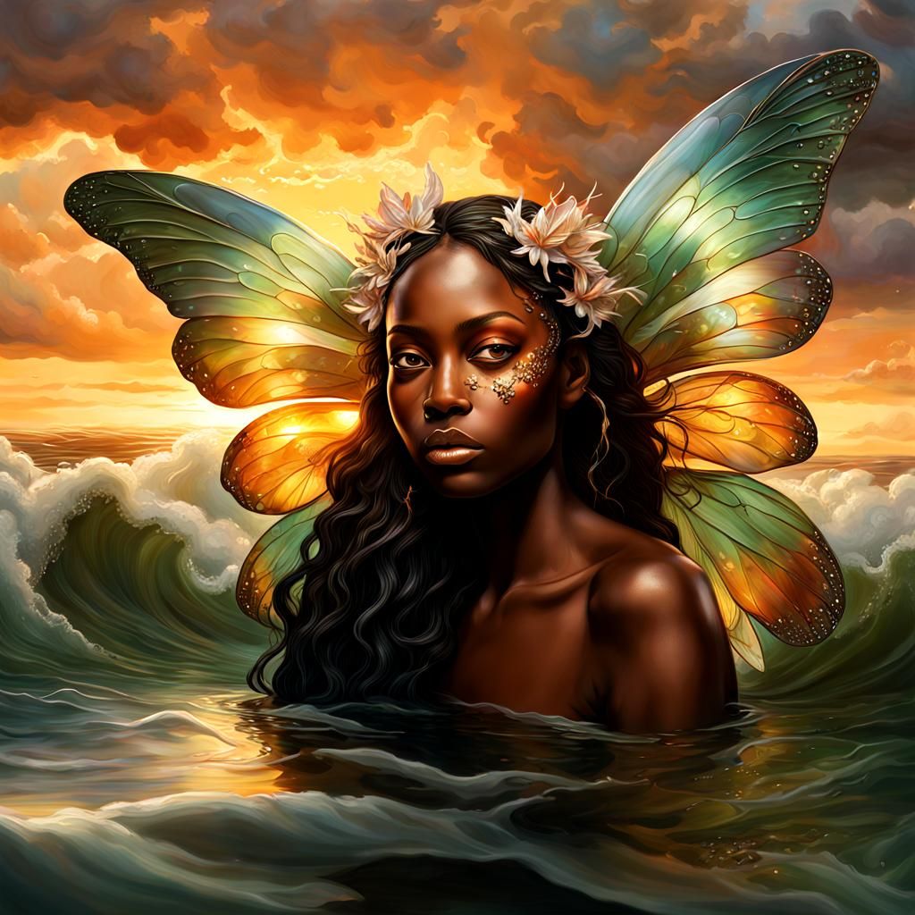African American Fairy Emerges at Sunrise