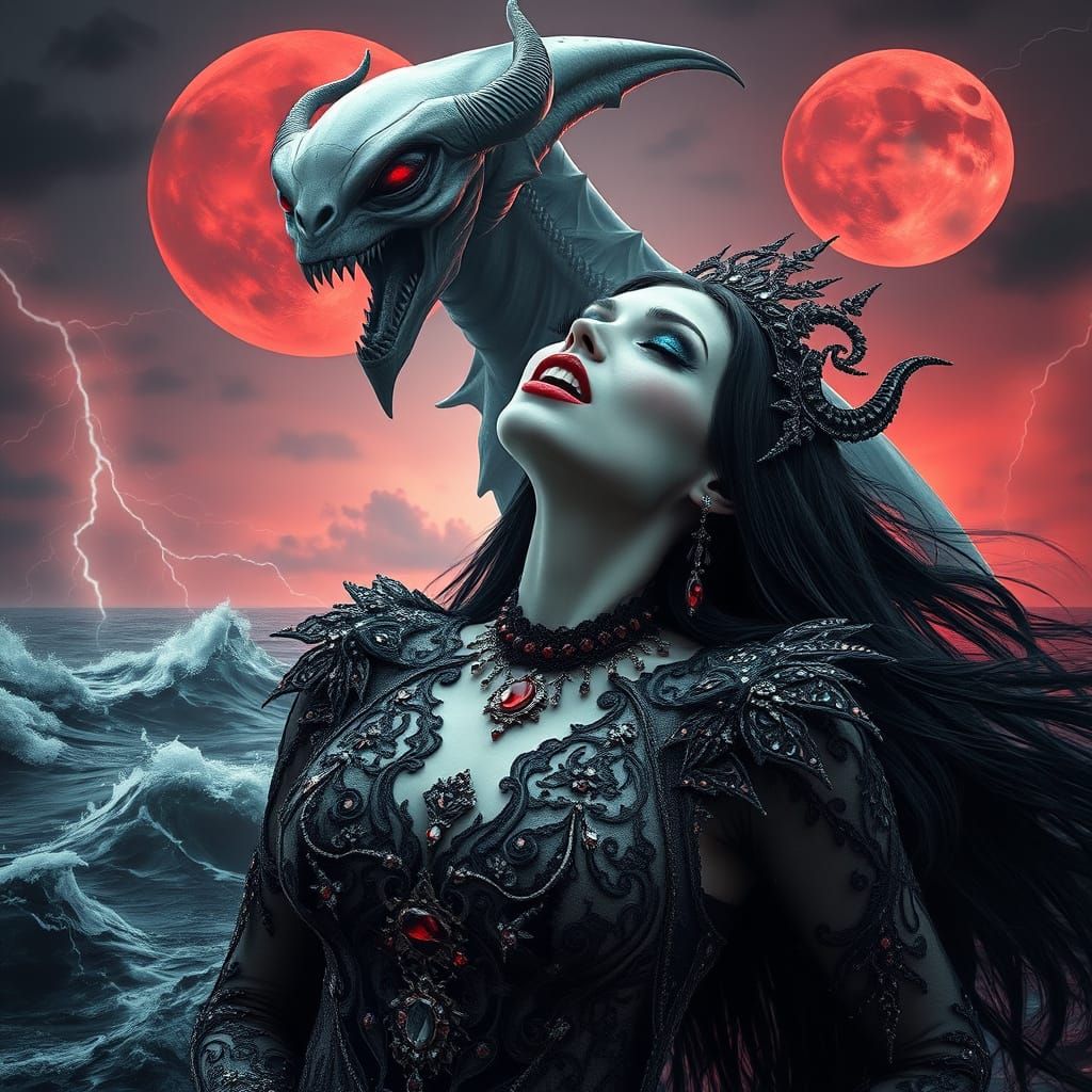 Gothic Vampire Goddess and Alien Monster in Dramatic Ocean S...