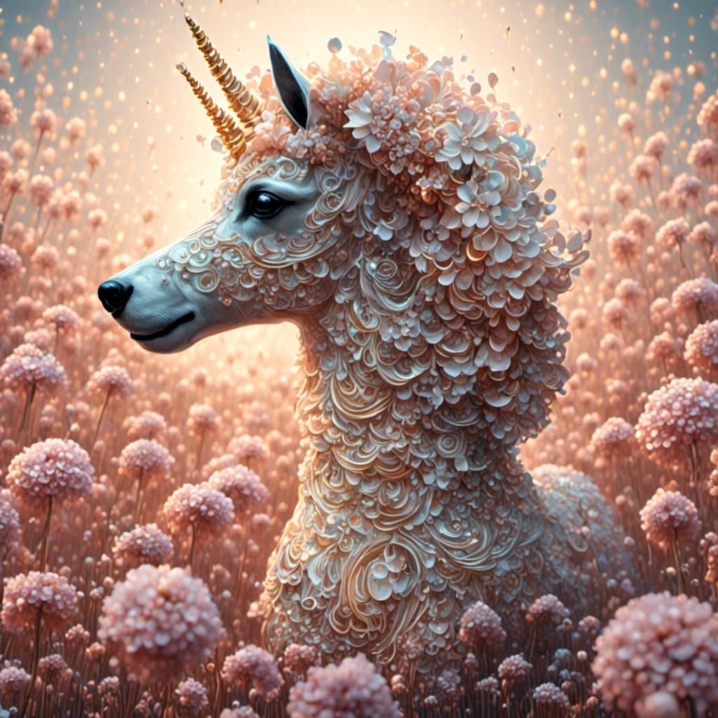 Poodle and Unicorn in Field of Flowers