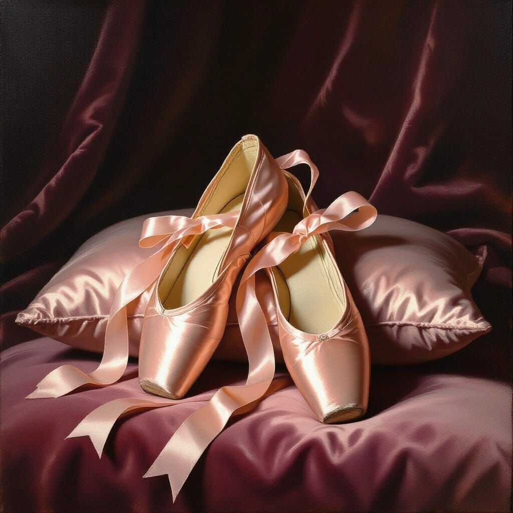 Ballet Pointe Shoes on Velvet Pillow - Oil Painting