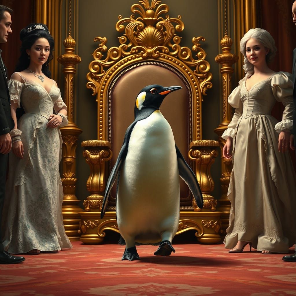Regal Emperor Penguin in 18th Century French Court Setting