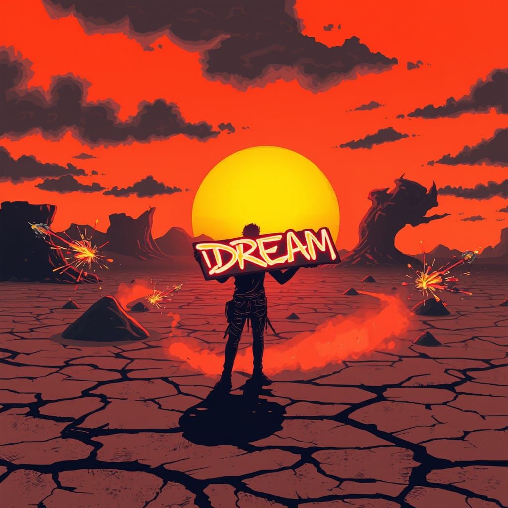 Dystopian Figure with Glowing Sign at Sunset