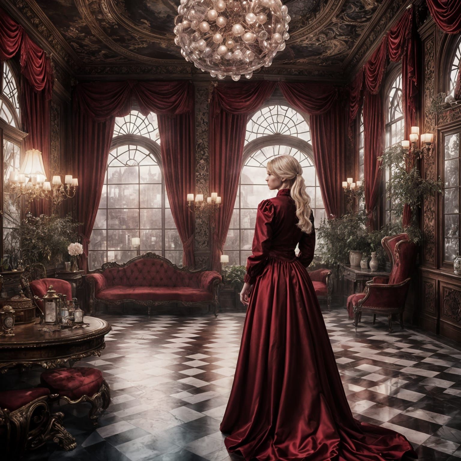 Victorian Woman in Soap Bubble Ballroom