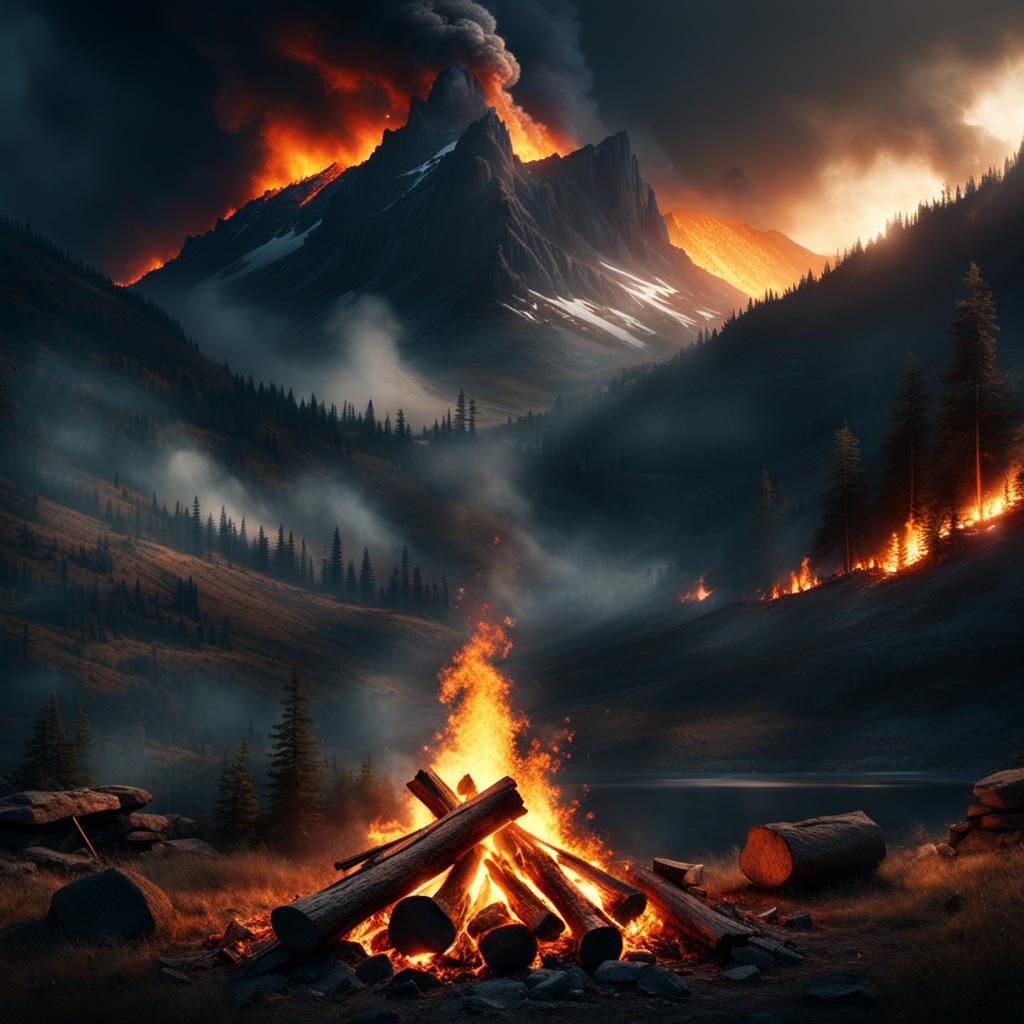 Dramatic Smoky Campfire in Digital Matte Painting Style