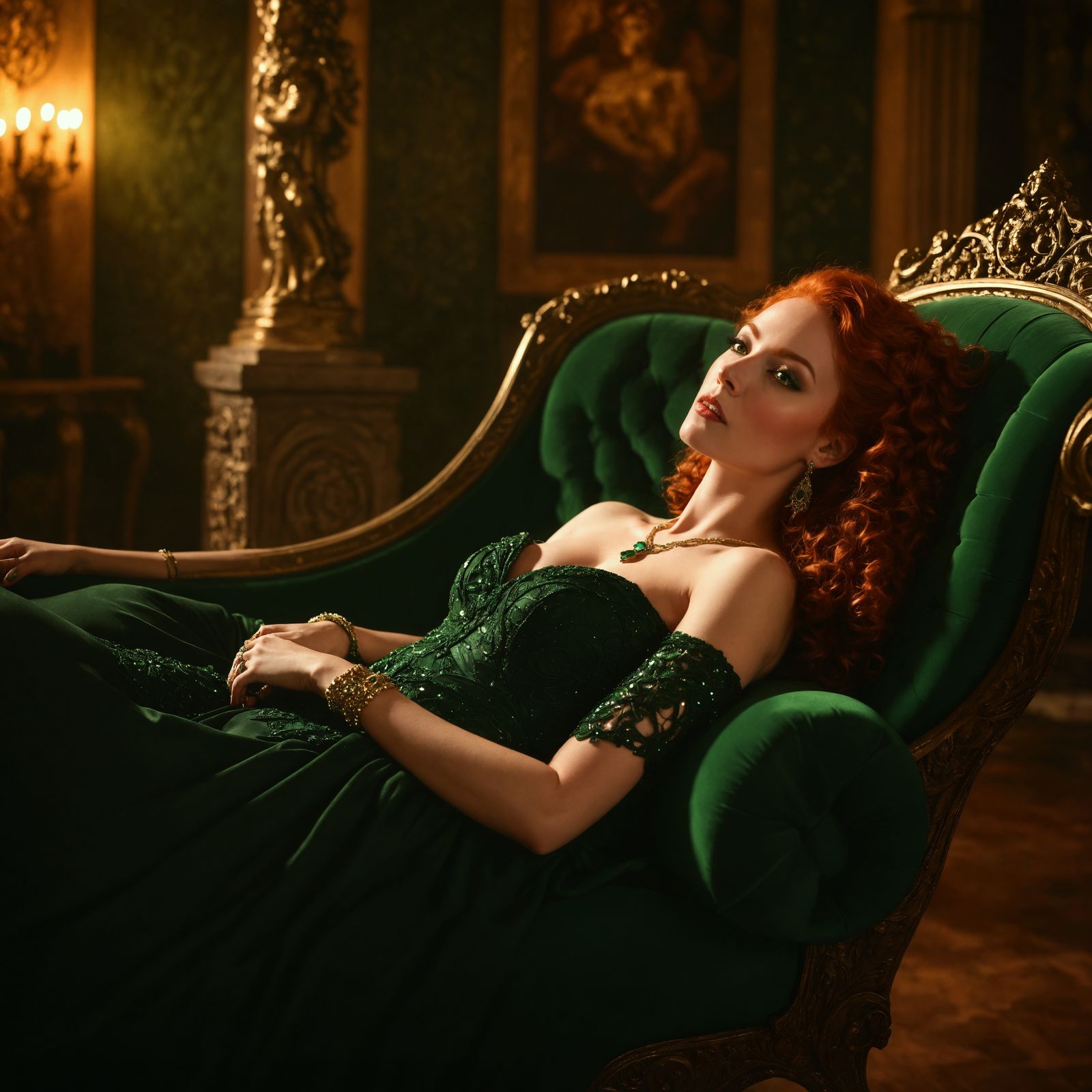Red-Haired Woman on Chaise Lounge, Fantasy Art