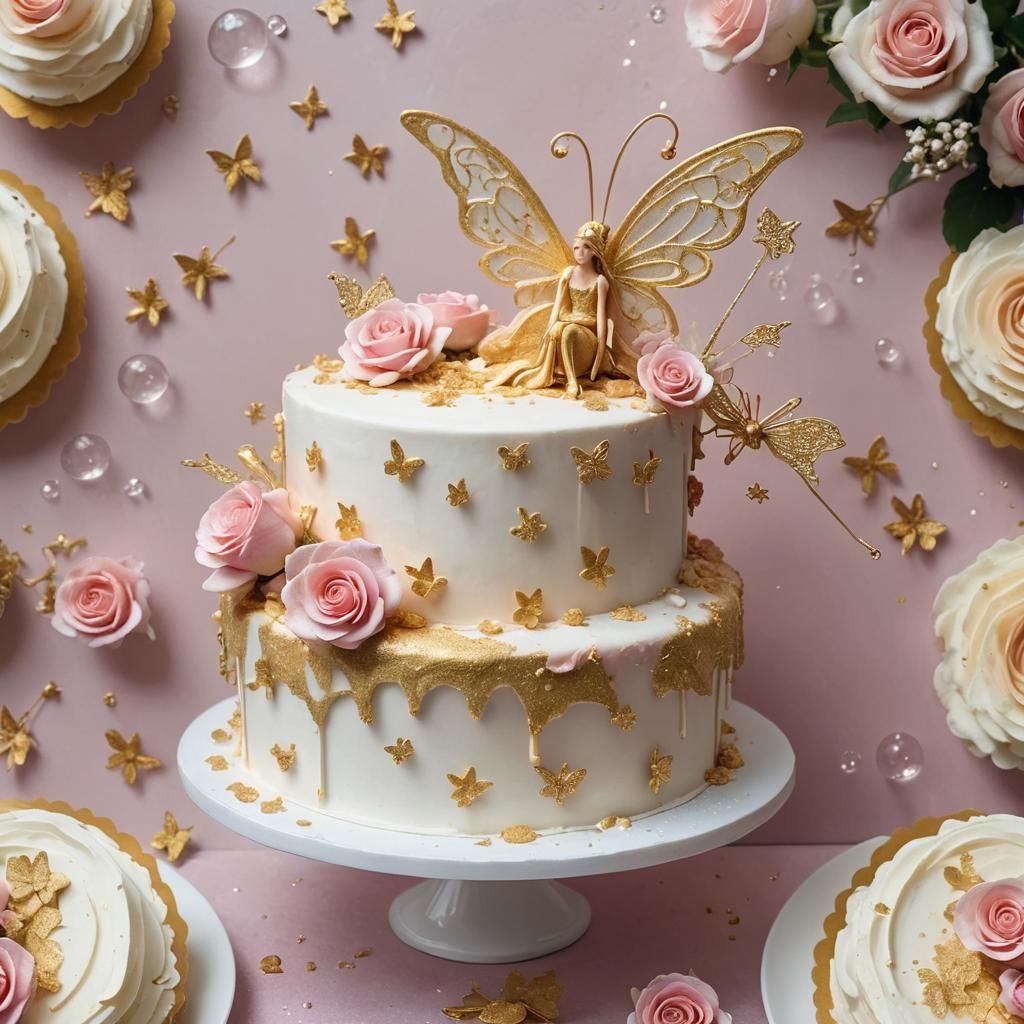 a fairy cake with gold fairies, pink roses and white bubbles