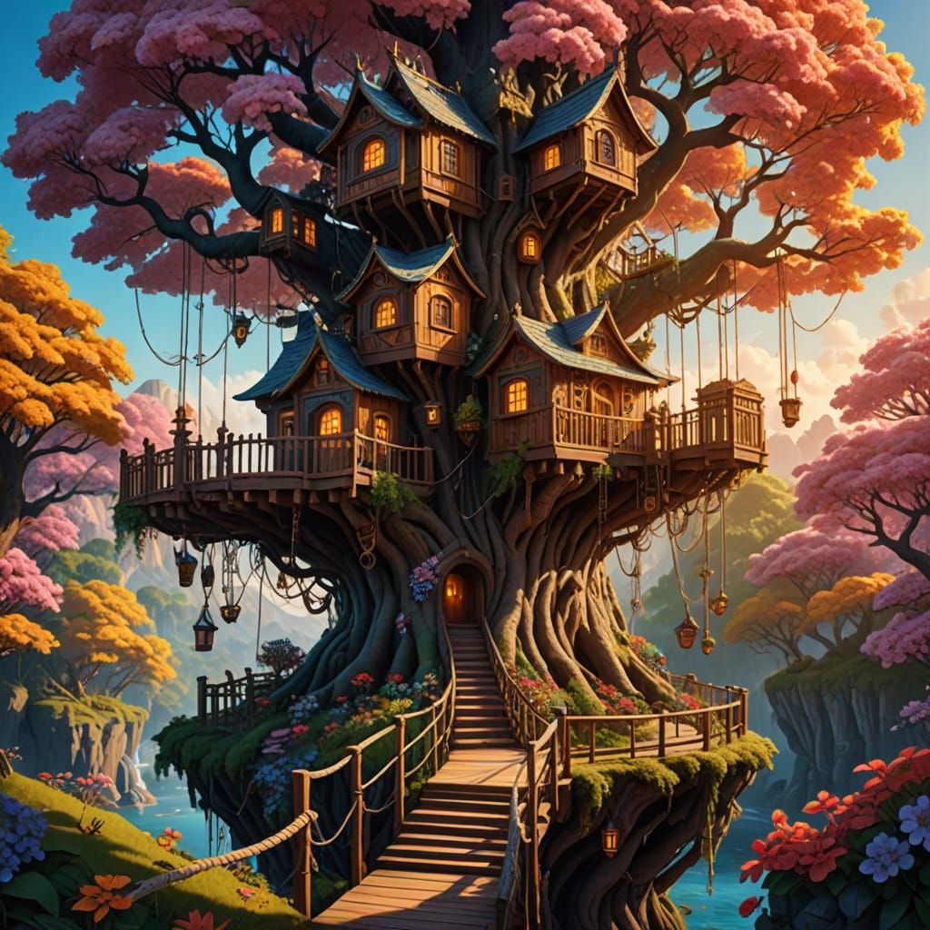 Epic Fantasy Treehouse Amidst Blooming Treetops in Golden Ho...