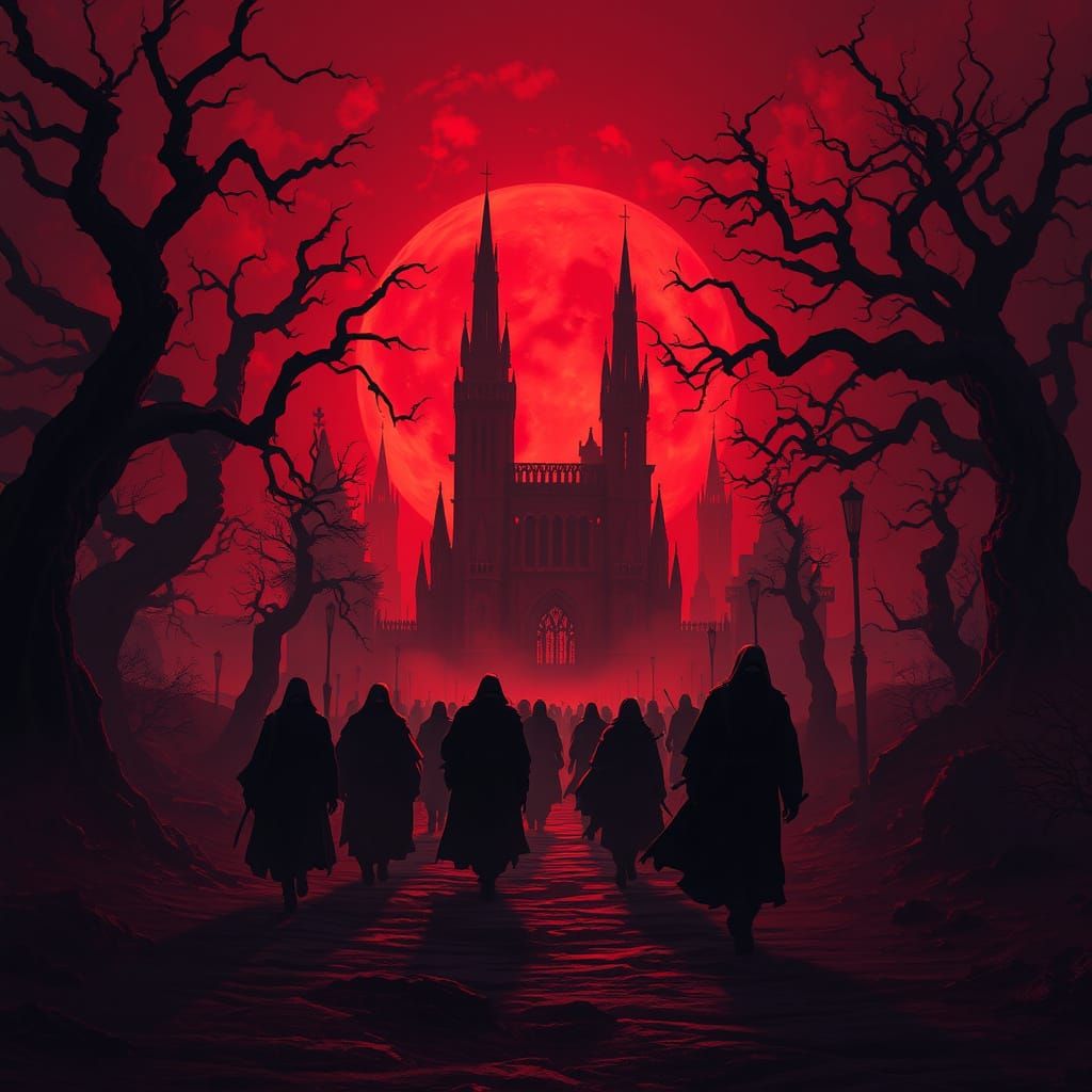 Mournful Procession in Deep Crimson Sky