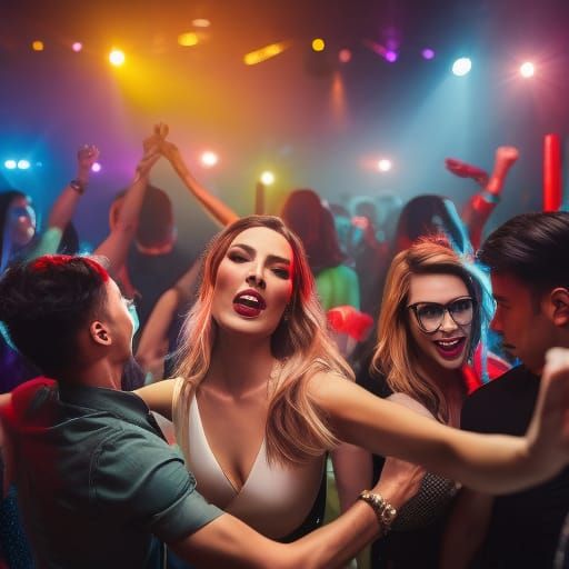 Party Girl Dancing in Crowded Club, Hyperdetailed Portrait