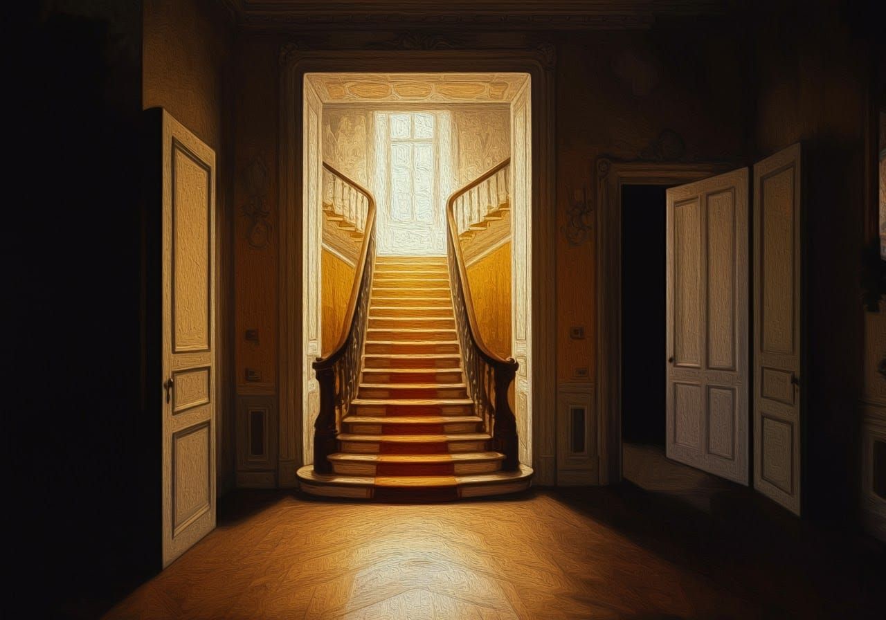 Impressionist Staircase Ascending to White Room in Golden Li...