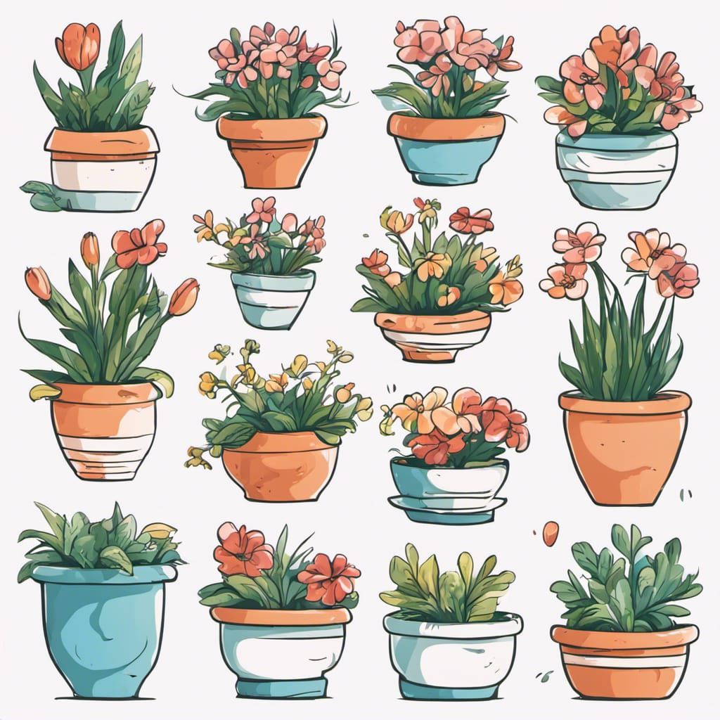 Cute Cartoon Flower Pots in Flat Vector Style