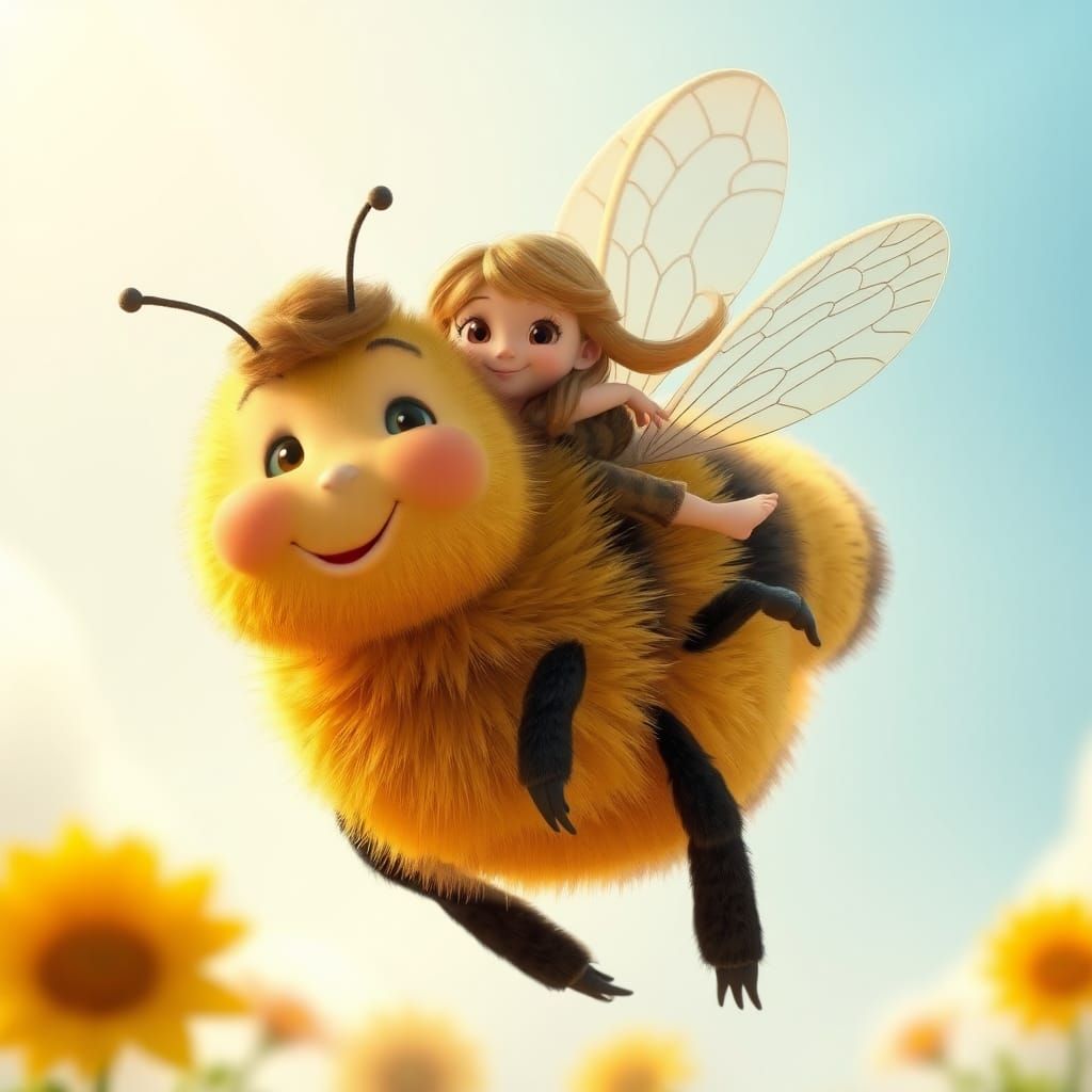 Girl Rides Giant Bee in Pixar Disney Style