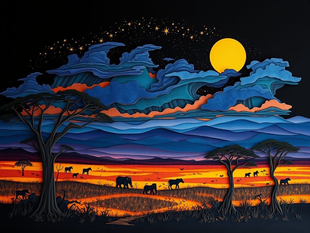 Majestic Night Savanna in Intricate Paper Carving Style