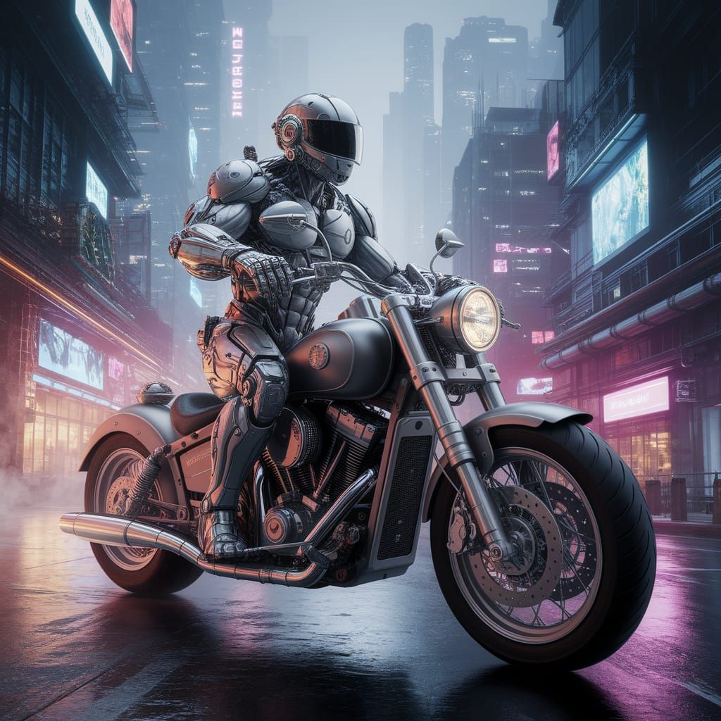 Cyborg Construction Worker on Steampunk Motorcycle