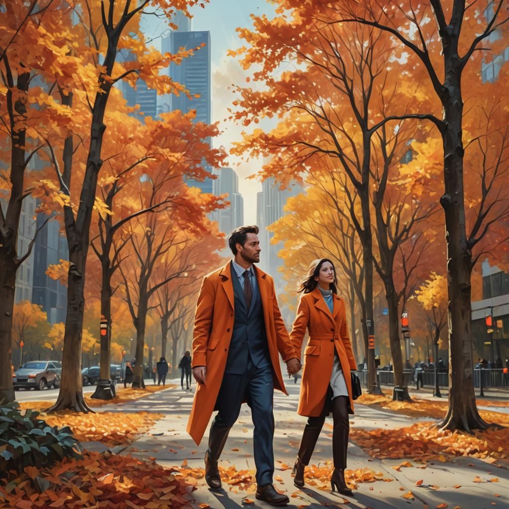 Couple in Autumn Park with Cityscape, Photorealistic