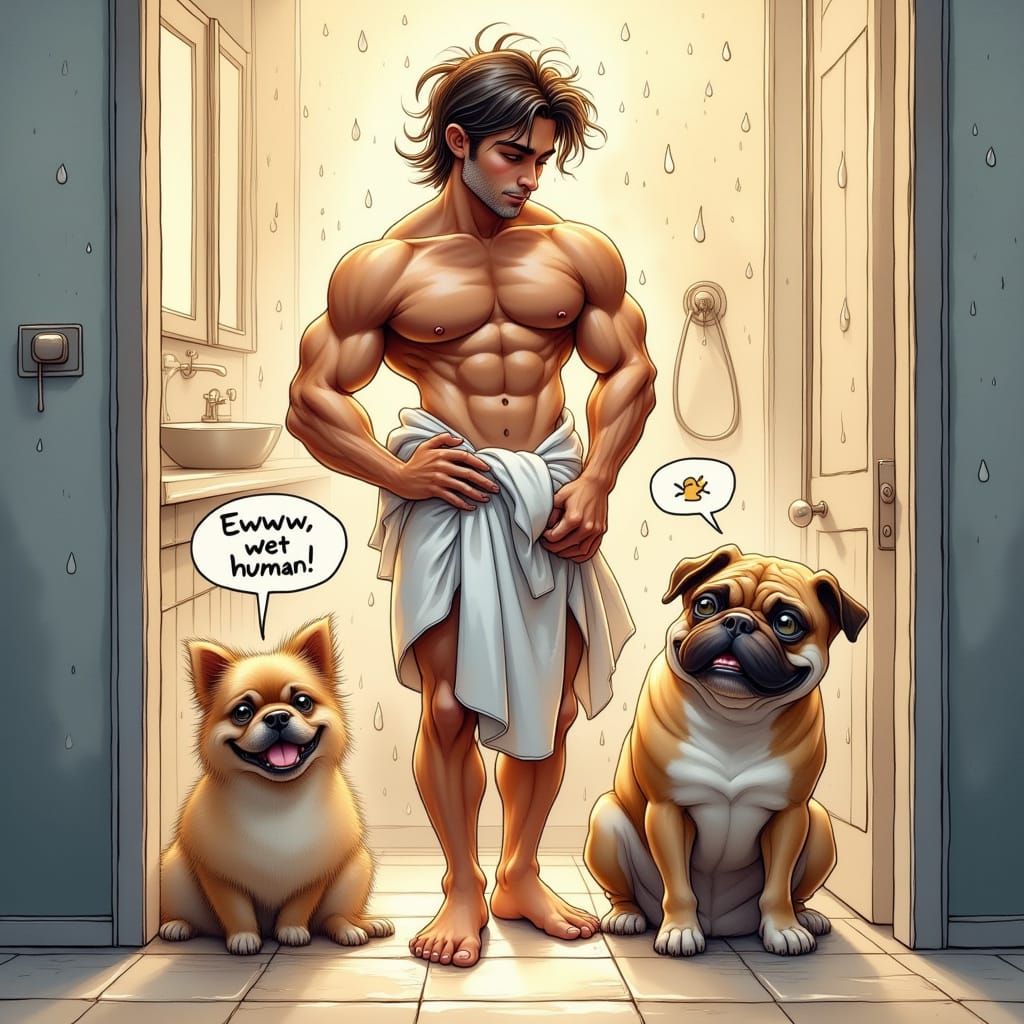 Wet Human Causes Canine Distress in Colorful Bathroom Scene