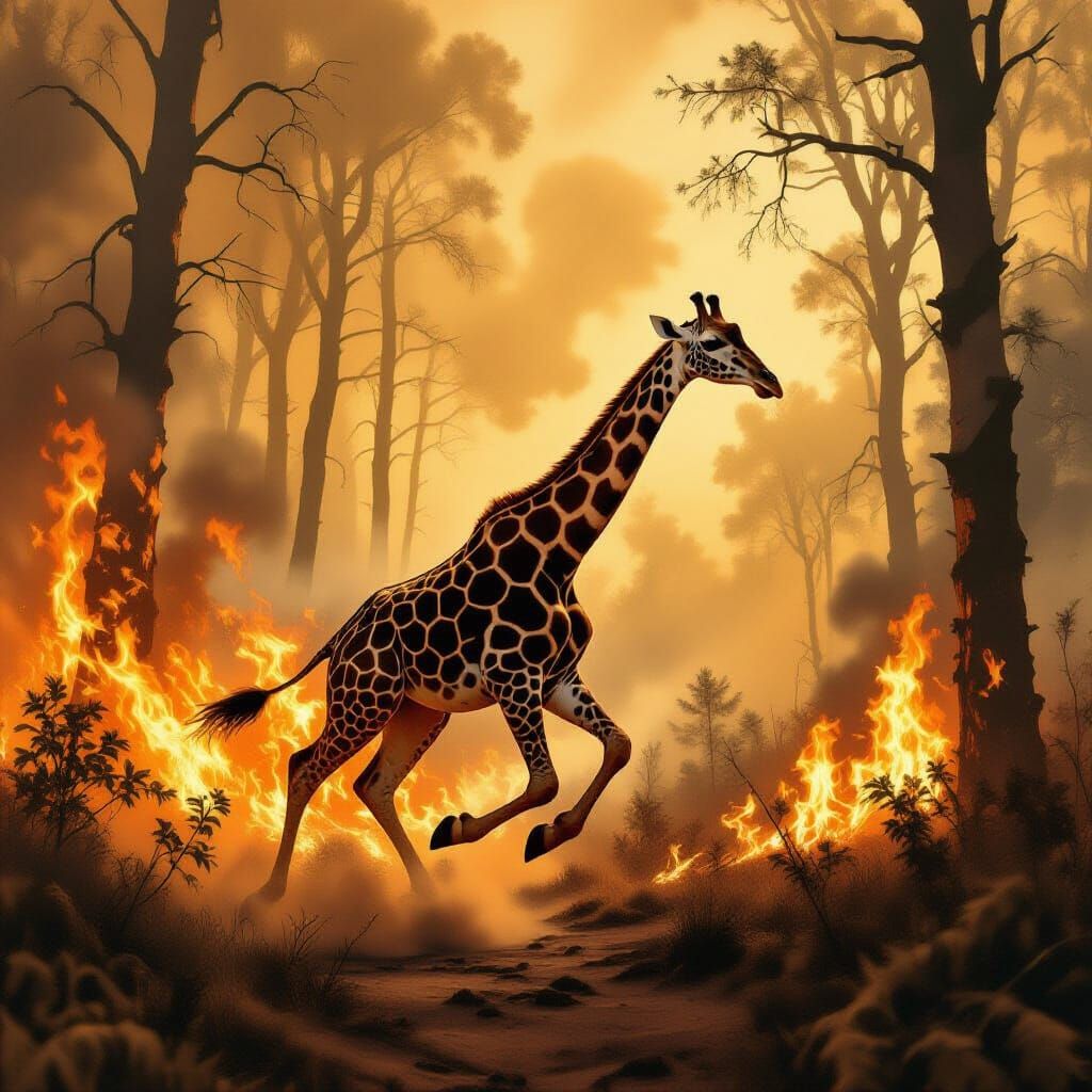 Giraffe Running Through Burning Forest in Impressionist Styl...