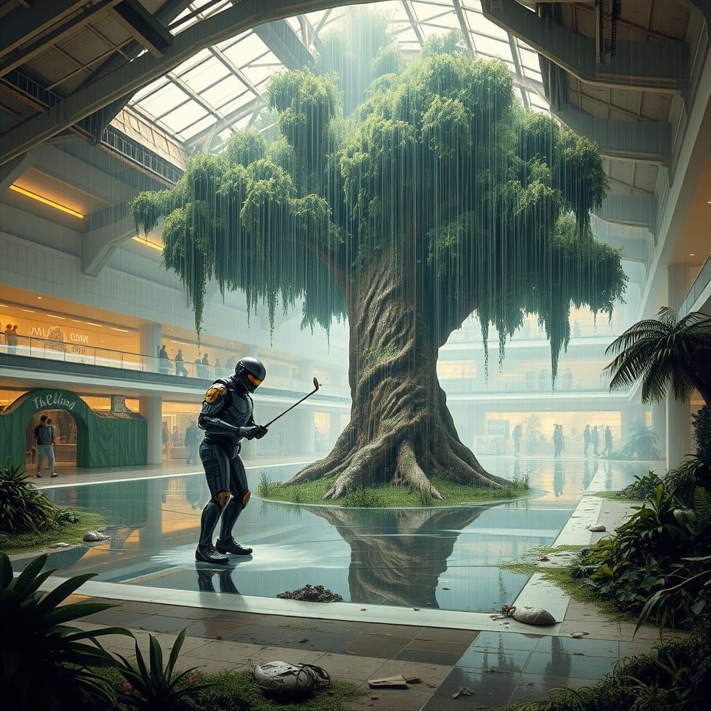 Robocop and Fred Flinstone Golfing in Abandoned Mall